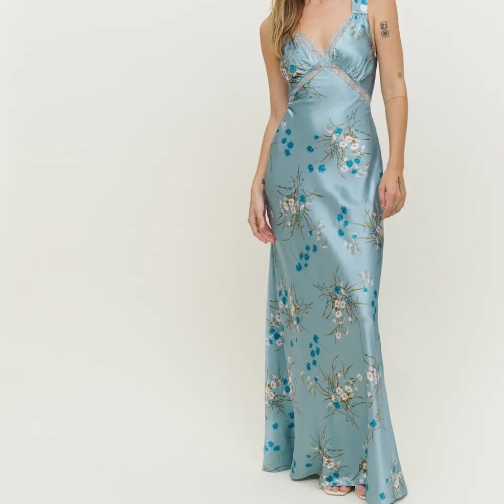 Reformation Chania Silk Dress in Blue Lago Size Medium